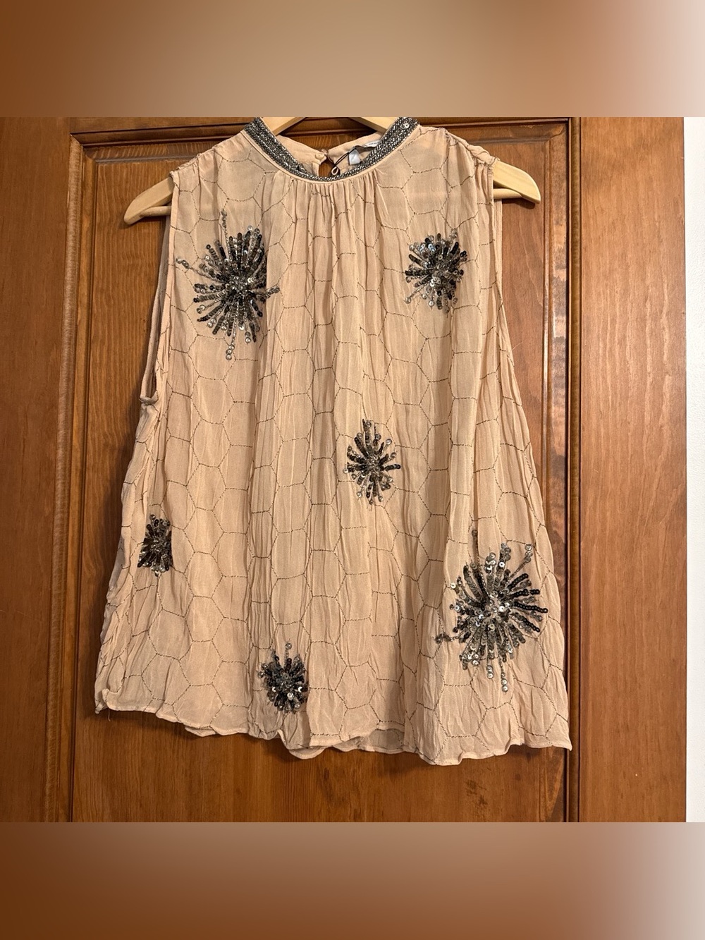 Zara Cream Sleeveless Beaded Floral Embellished Top